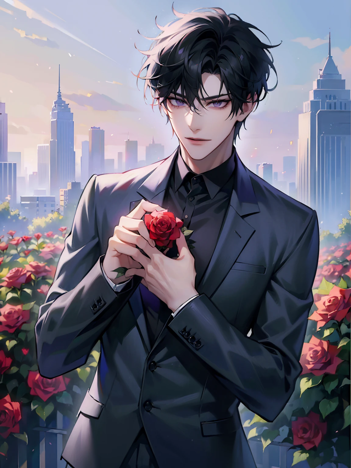 (masterpiece, 8k, high quality, best quality:1.6), 1boy, solo, short hair, black hair, asymmetrical fringe, purple eyes, handsome, sharp eyes, (mature male, mature:1.2), male focus, fashionable, tucked in open purple collared shirt, gray pants, necklace, outdoors, meadow, flowery field, close up, smile, long eyelashes, soft shadows, perfect anatomy, holding a bouqet of red roses, spring season