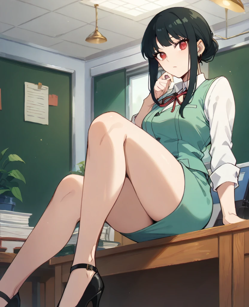 very beautiful, graceful, and fairly tall young woman with a slender, curvaceous frame. She has long, straight, black hair reaching her mid-back with short bangs framing her forehead and upturned red eyes. she wears the standard work uniform, consisting of a long-sleeved white shirt with a sleeveless green vest over it, a knee-length green office skirt, and black heels