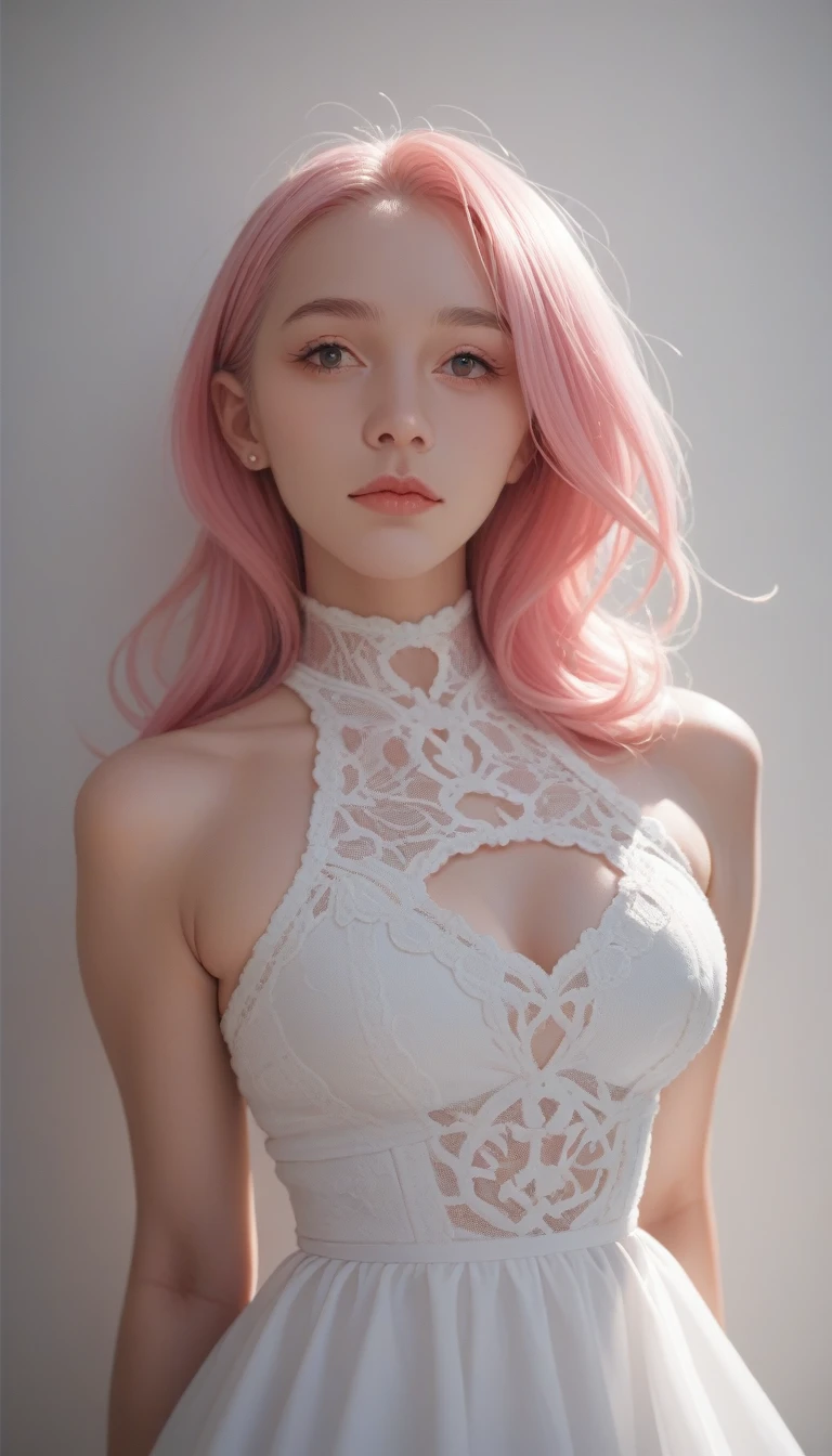 score_9_up, score_8_up, score_7_up, score_6_up,Alcanevi, A woman with medium-short pink hair wearing a white dress, female face, Unreal Engine Character Art, portrait