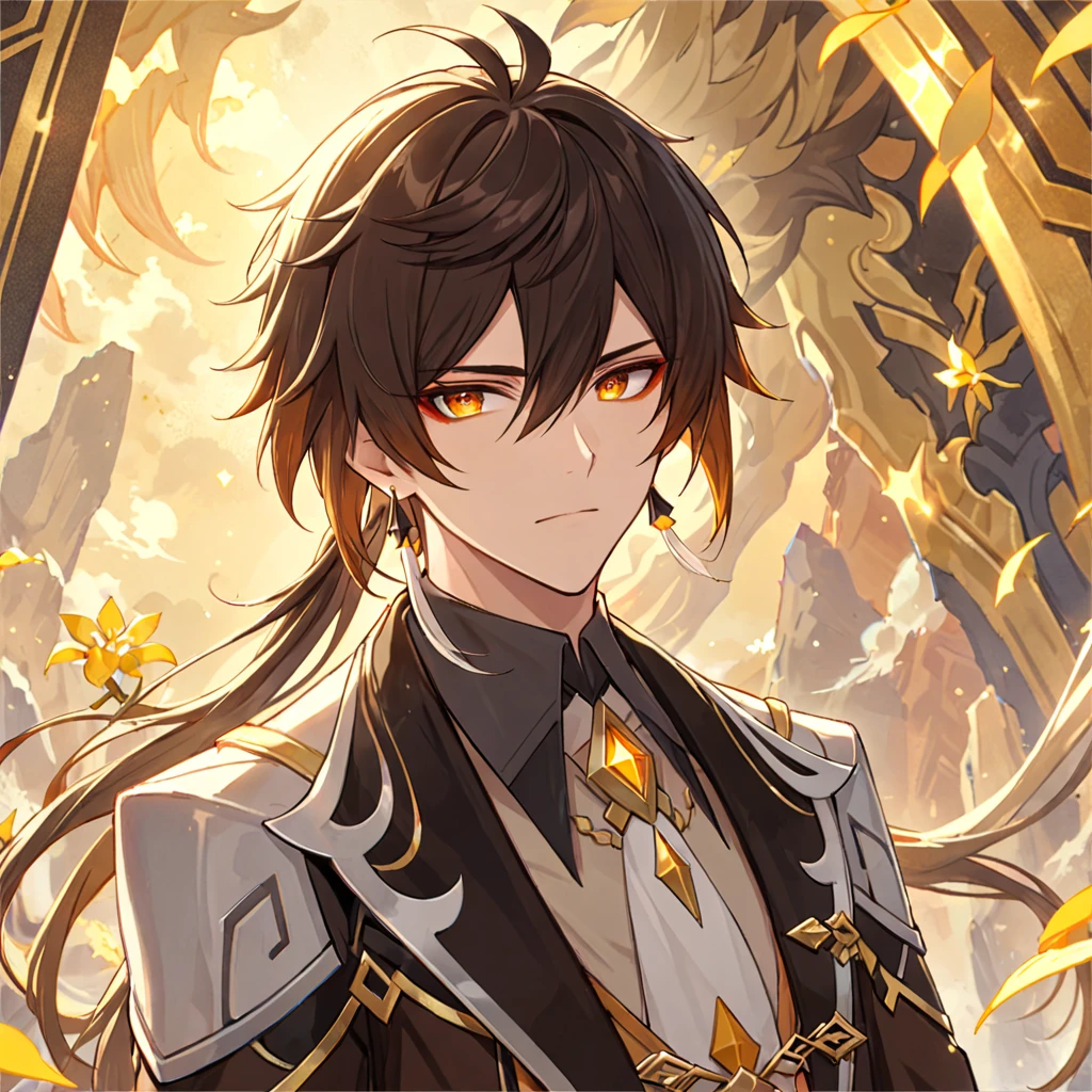 (best quality,4k,8k,highres,masterpiece:1.2),1boy, zhongli_/(archon/)_/(genshin_impact/),male focus,intricately detailed,realistic:.4,intense gold eyes,mature_male, narrow_waist,full body, by carnelian, cel shading, fantasy china background, liyue, mountains,look up at viewer, osmanthus flowers,male focus,solo,long hair,bangs,jewelry,earrings,ponytail,contemplative, thoughtful, calm, serene, red eyeliner, highly detailed eyes, volumetric lighting, sunset, golden illumination, wise and kind god,cinematic lighting, ray tracing, UHD, high details, high quality, award winning, super detail,vivid fantasy painting,hd color,seductive eyes,sexy eyes,narrowed eyes,lowered lashes,handsome man,small iris,honkai star rail character,godly,hot asian man,asian eyes,red eyeliner,blade from honkai