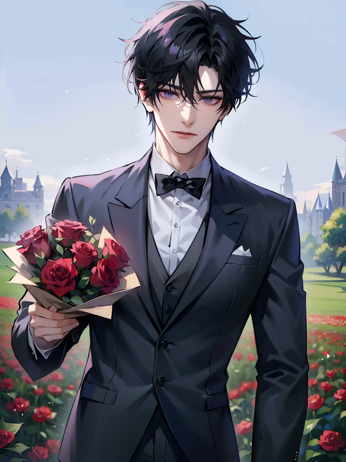 (masterpiece, 8k, high quality, best quality:1.6), 1boy, solo, short hair, black hair, asymmetrical fringe, purple eyes, handsome, sharp eyes, (mature male, mature:1.2), male focus, fashionable, tucked in open white collared shirt, gray pants, necklace, outdoors, meadow, flowery field, close up, smile, long eyelashes, soft shadows, perfect anatomy, holding a bouqet of red roses, spring season