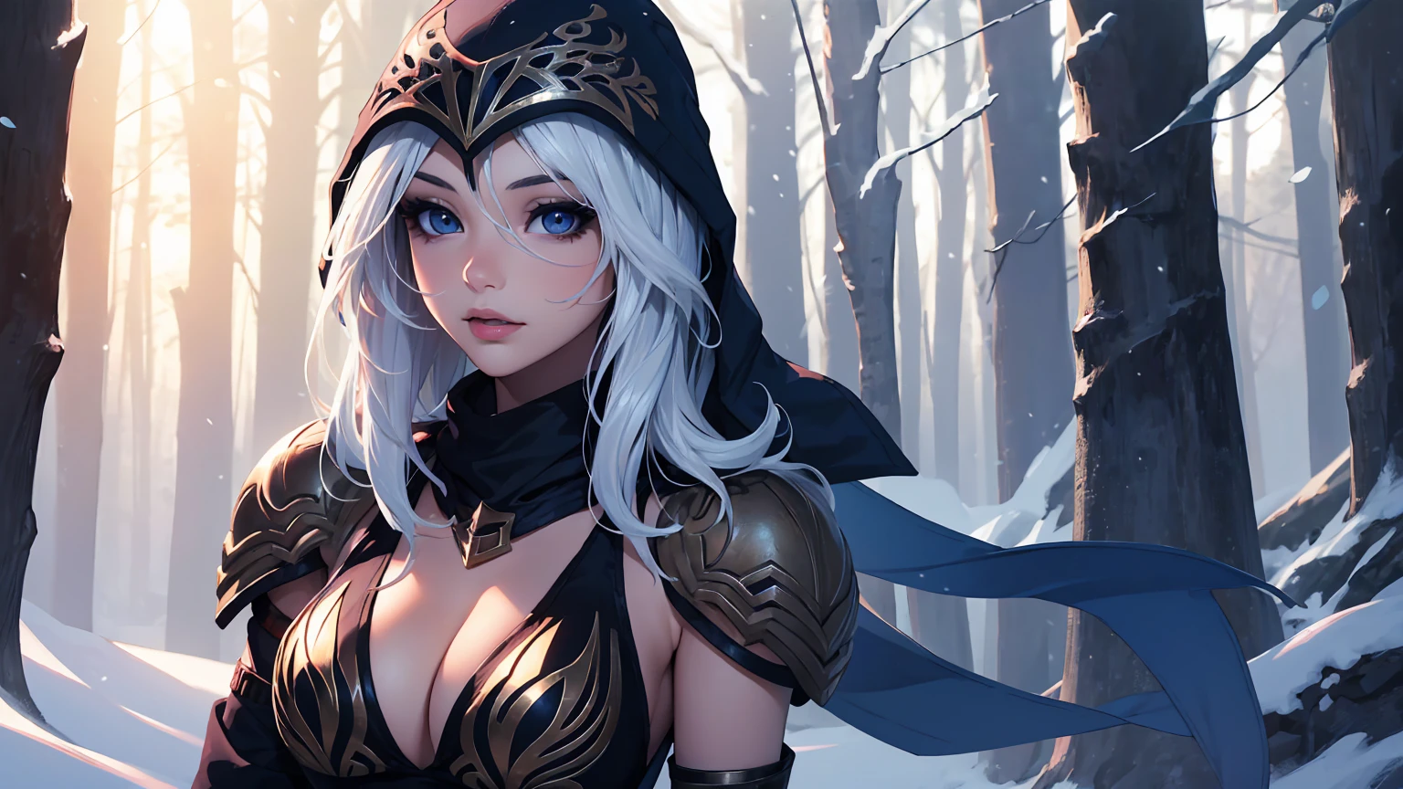 League of Legends Ashe, guerrero, (obra maestra, mejor calidad), Mujer hermosa, luz tenue, bosque nevado al aire libre de pinos, cara perfecta, Hermoso rostro, cuerpo perfecto y delgado, guardando un arco, (de pie), fondo abstracto, Colores brillantes, pechos medianos, (solo), sexy