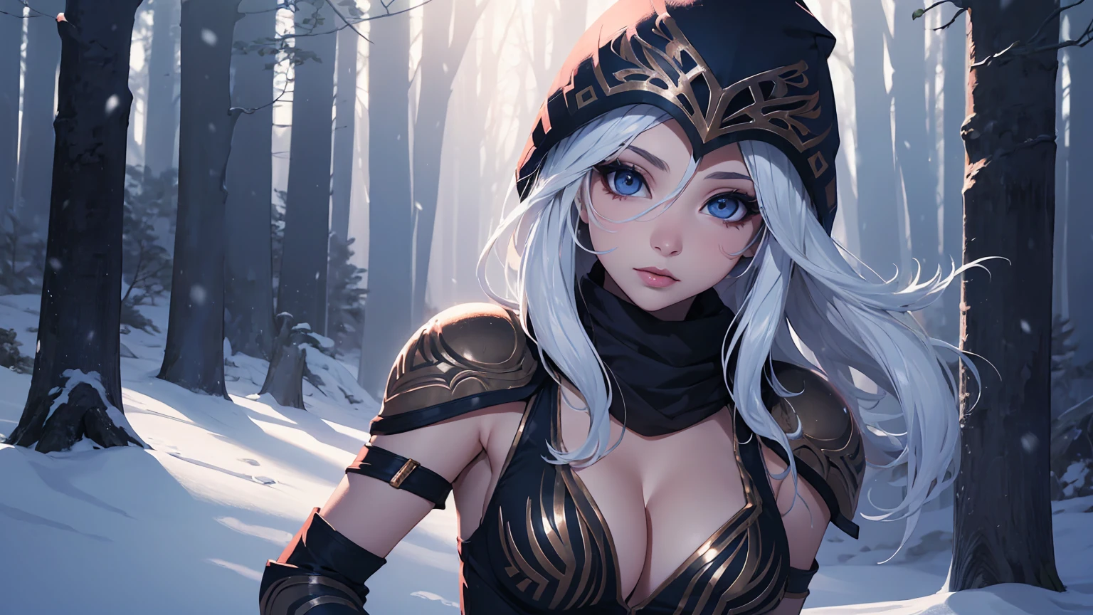 League of Legends Ashe, guerrero, (obra maestra, mejor calidad), Mujer hermosa, luz tenue, bosque nevado al aire libre de pinos, cara perfecta, Hermoso rostro, cuerpo perfecto y delgado, guardando un arco, (de pie), fondo abstracto, Colores brillantes, pechos medianos, (solo), sexy