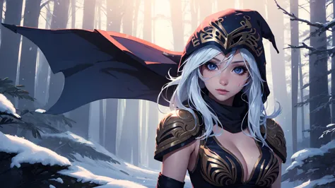 league of legends Ashe, warrior, (masterpiece, best quality), beautiful woman, soft light, outdoor snowy forest of pine trees, p...