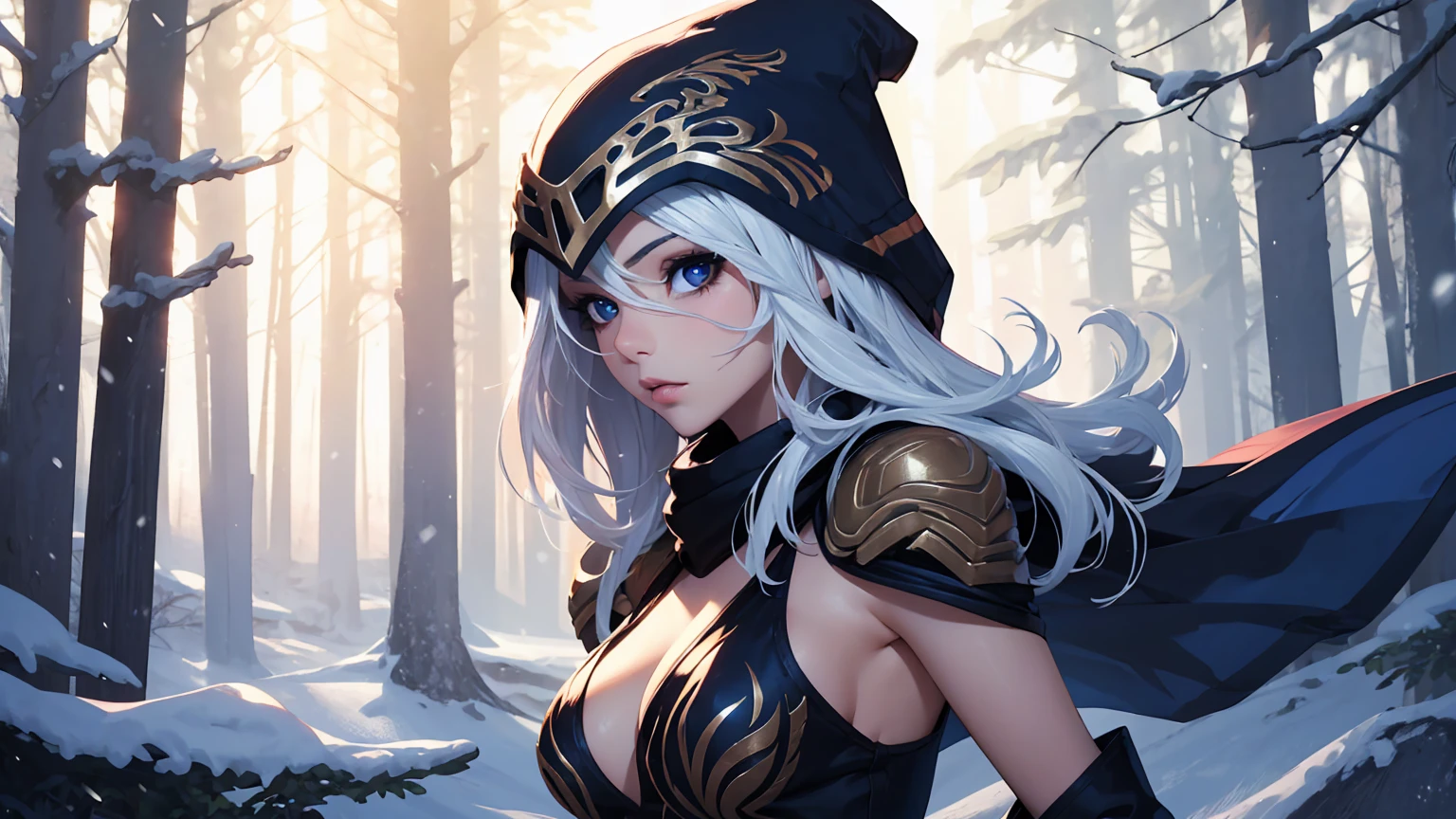 League of Legends Ashe, guerrero, (obra maestra, mejor calidad), Mujer hermosa, luz tenue, bosque nevado al aire libre de pinos, cara perfecta, Hermoso rostro, cuerpo perfecto y delgado, guardando un arco, (de pie), fondo abstracto, Colores brillantes, pechos medianos, (solo), sexy