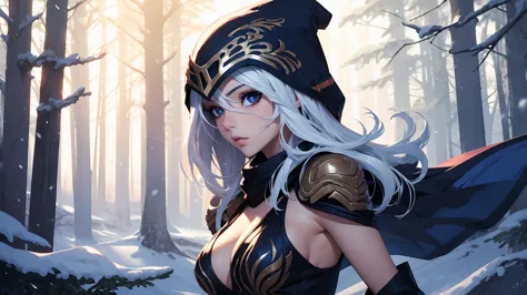 league of legends Ashe, warrior, (masterpiece, best quality), beautiful woman, soft light, outdoor snowy forest of pine trees, p...