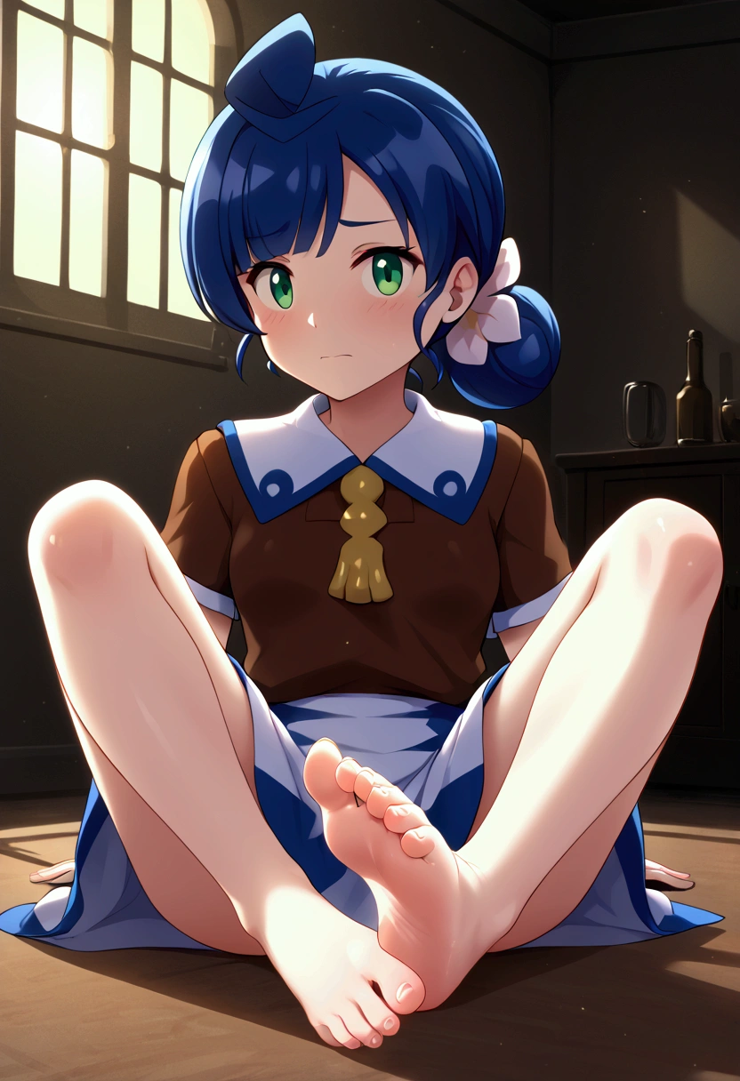 ((masterpiece, Perfect feet, highest quality)), One girl,alone,sitting,barefeet,feet_sit,Feet back,Toes, View your viewers,Suppressed, I am afraid, five Toes, dark dungeons, Blue Hair