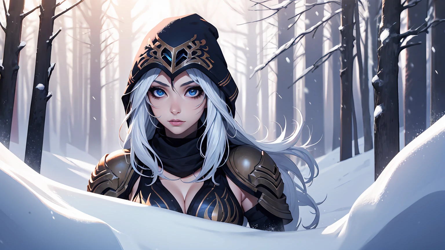 League of Legends Ashe, guerrero, (obra maestra, mejor calidad), Mujer hermosa, bosque nevado al aire libre de pinos, (tormenta de nieve), cara perfecta, Hermoso rostro, mirada seria, cuerpo perfecto y delgado, guardando un arco, (de pie), fondo abstracto, Colores brillantes, pechos medianos, (solo), sexy