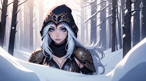 league of legends Ashe, warrior, (masterpiece, best quality), beautiful woman, outdoor snowy forest of pine trees, (snow storm),...