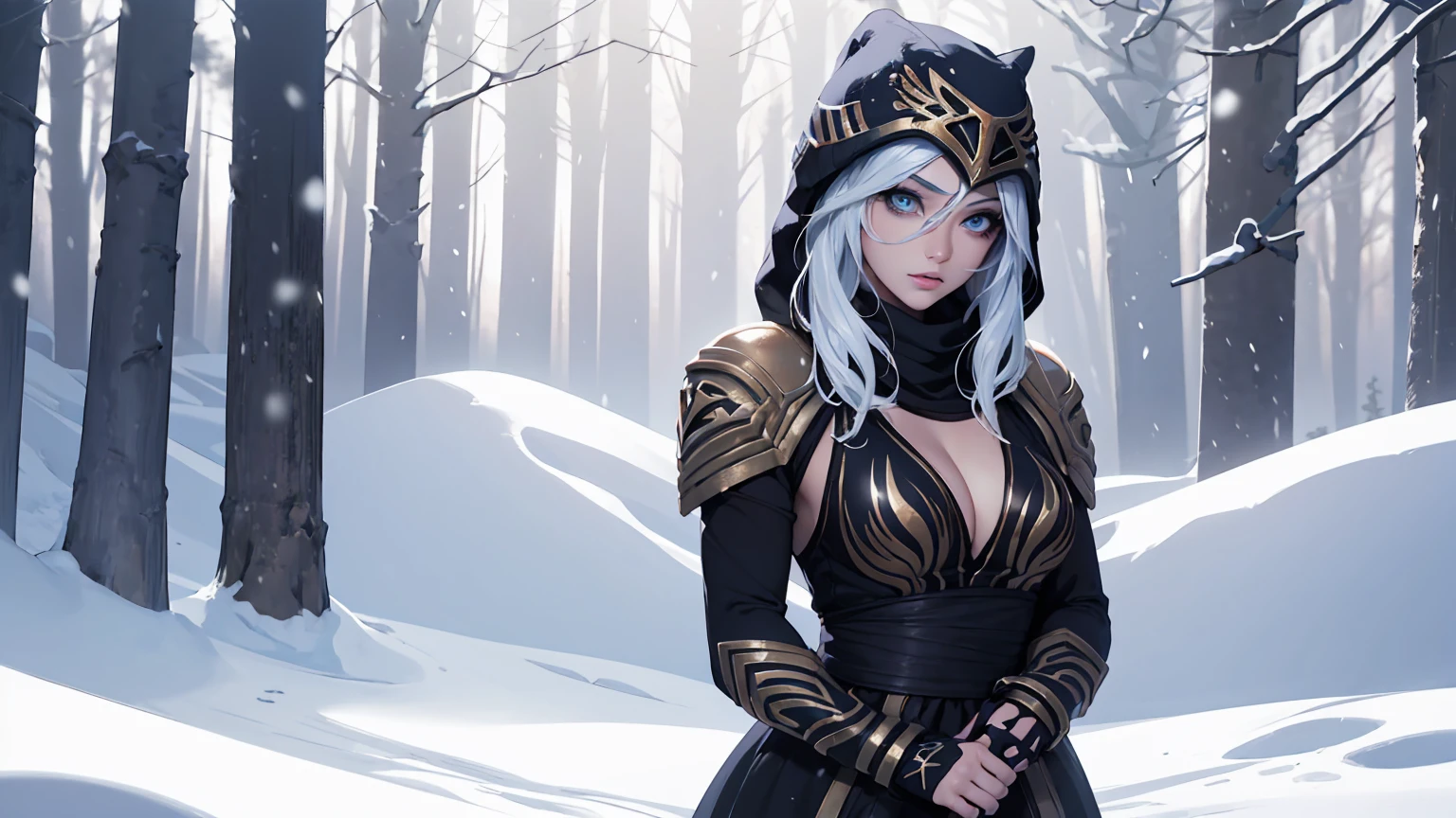 League of Legends Ashe, guerrero, (obra maestra, mejor calidad), Mujer hermosa, bosque nevado al aire libre de pinos, (tormenta de nieve), cara perfecta, Hermoso rostro, mirada seria, cuerpo perfecto y delgado, guardando un arco, (de pie), fondo abstracto, Colores brillantes, pechos medianos, (solo), sexy