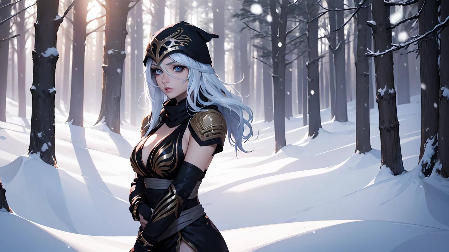 League of Legends Ashe, guerrero, (obra maestra, mejor calidad), Mujer hermosa, bosque nevado al aire libre de pinos, (tormenta de nieve), cara perfecta, Hermoso rostro, mirada seria, cuerpo perfecto y delgado, guardando un arco, (de pie), fondo abstracto, Colores brillantes, pechos medianos, (solo), sexy