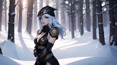 league of legends Ashe, warrior, (masterpiece, best quality), beautiful woman, outdoor snowy forest of pine trees, (snow storm),...