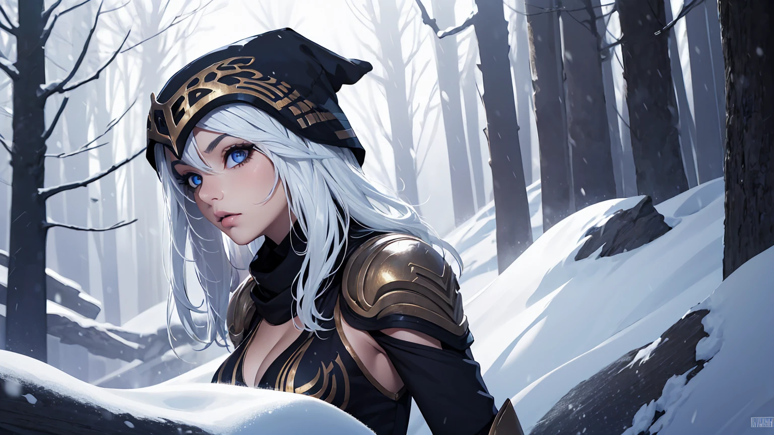 league of legends Ashe, warrior, (masterpiece, best quality), beautiful woman, outdoor snowy forest of pine trees, (snow storm), perfect face, beautiful face, serious look, perfect slim fit body, hoding a bow, (standing), abstract background, bright colors, medium breasts, (solo), sexy