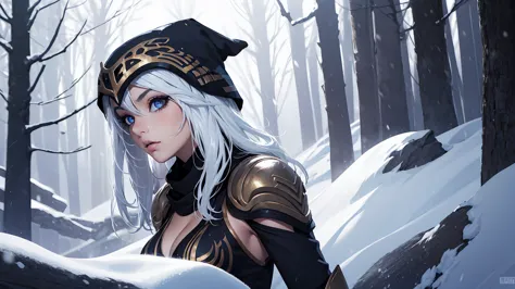 league of legends ashe, warrior, (masterpiece, best quality), beautiful woman, outdoor snowy forest of pine trees, (snow storm),...