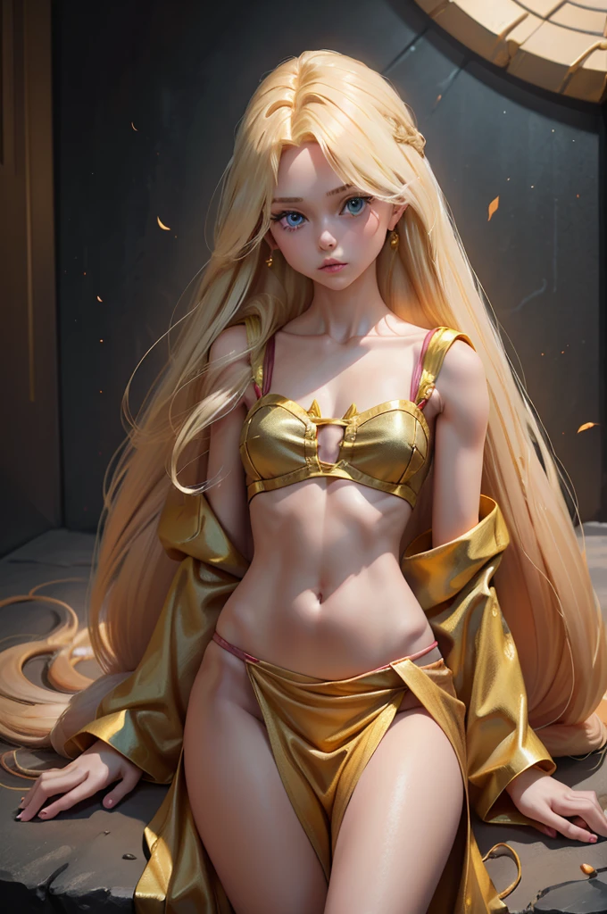 the toy doll is dressed in a gold outfit with blonde hair long, 1girl, long hair, solo, navel, looking at viewer, blonde hair, blue eyes, midriff, parted bangs, lips, long sleeves, very long hair, bangs, arms at sides