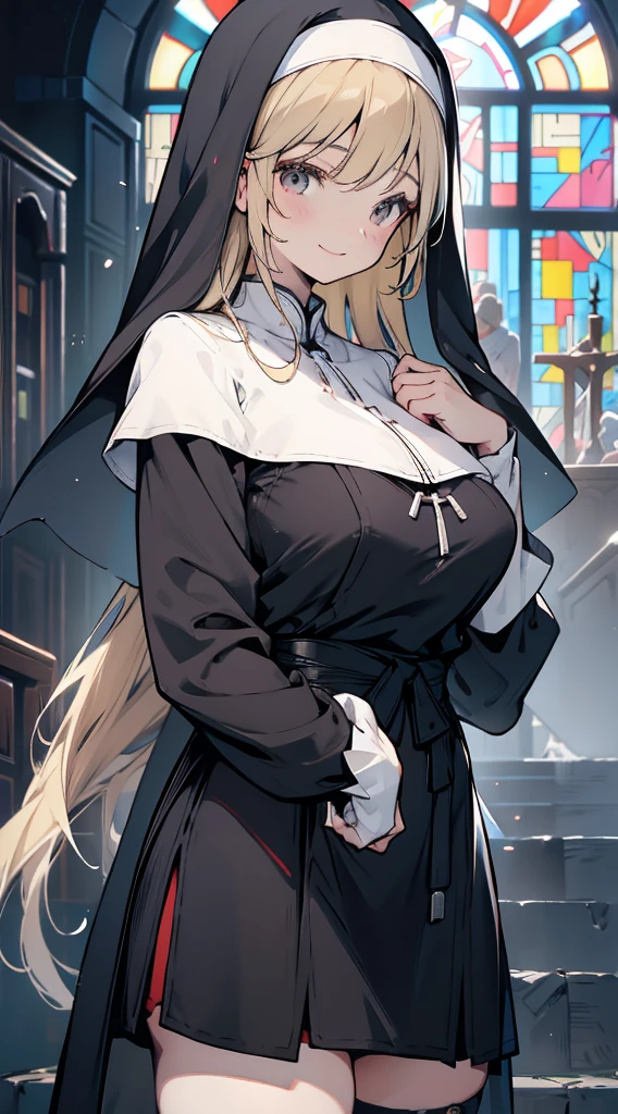 nun，nun服，黑白nun服，Colored hair，nun头巾，Big breasts，Full of figure，Close-up above the waist，Upper body close-up，Church Background，Stained window glass，Mosaic art background，nun，高开叉nun长袍，Absolute Domain，thigh，thigh，thigh，黑白Knee socks，黑白Knee socks，Knee socks，黑色过膝Silk socks，Silk socks，Silk socks，Knee socks，Flesh，nun长袍，Cheongsam style hem，Robe hem，Robe hem，Long hem robe，Front of robe，Long skirt，Long skirt，Long skirt，Long front robe，Front of robe，thigh侧面，Long blond hair，blond，cute，gentle，Smile，慈爱的Smile，Wide crotch，Wide crotch，Thin waist，Fleshthigh，Robe front hem，Front swing of mopping