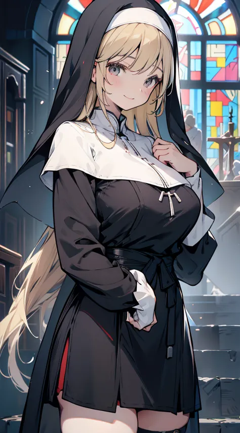 nun，nun服，黑白nun服，Colored hair，nun头巾，Big breasts，Full of figure，Close-up above the waist，Upper body close-up，Church Background，Sta...