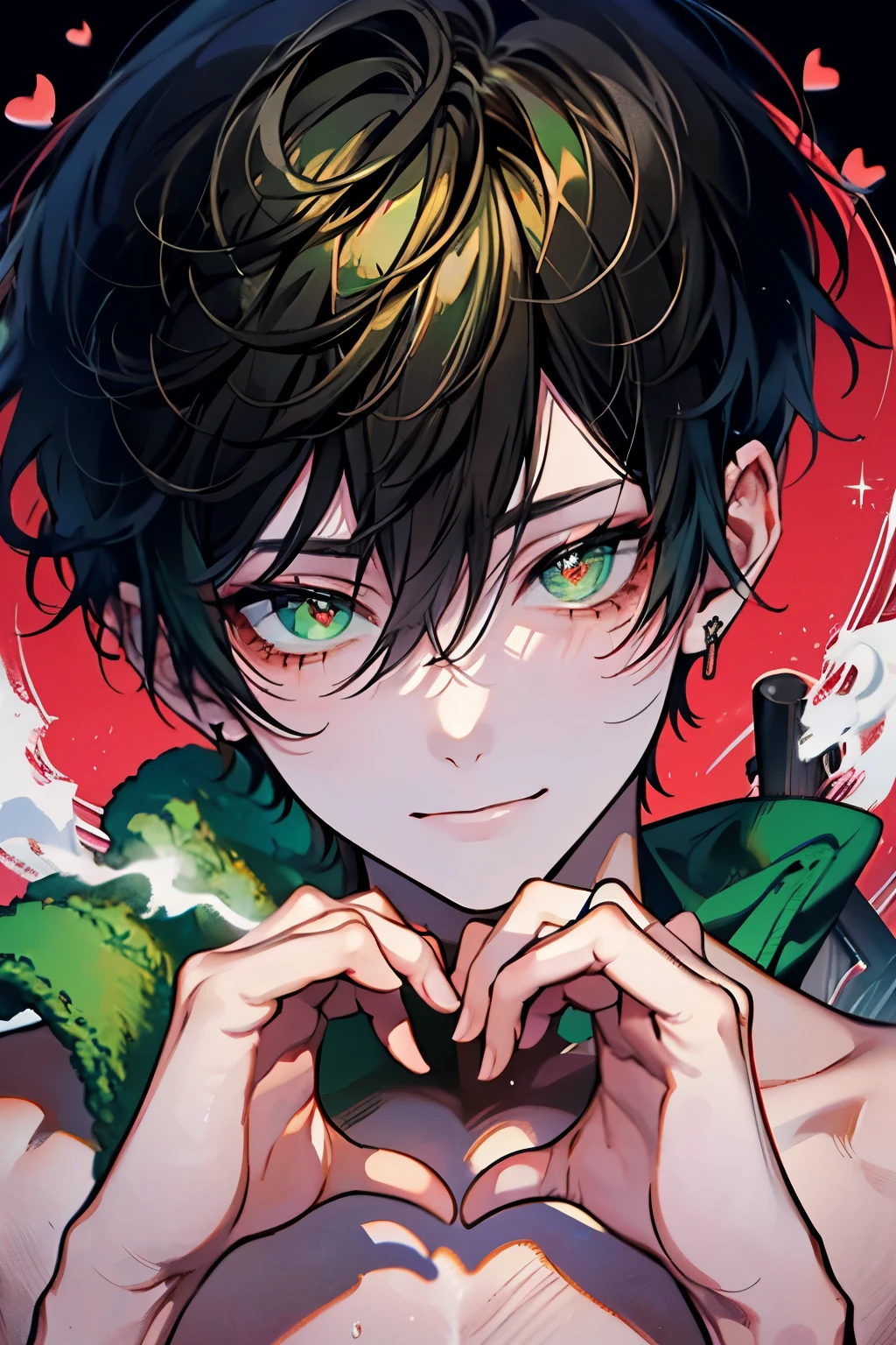 Beautiful young man,black hair, short hair, green eyes, Wet hair, Wipe your hair with a towel, Top Naked, pecs, abs, After taking a bath, steam, sink,High quality, amount of drawing, pixiv illustration,close-up Face,cheeks are red,(A shy smile),((heart hands:1.2)),Good finger,Perfect finger.