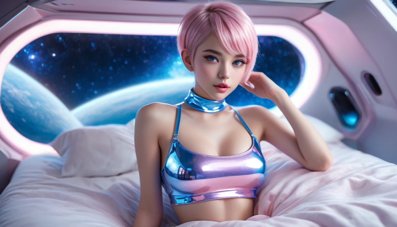 Highest quality, masterpiece, High resolution, 8k, ((Cute girl wearing shiny light pink and blue oversized crop top, small and taut breasts, Highly detailed face, Beautiful attention to detail, Beautiful lip detail, Pixie side shaved hair, Small hips, In the spaceship, On the bed, whole body))