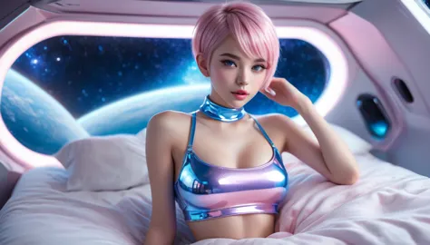 Highest quality, masterpiece, High resolution, 8k, ((Cute girl wearing shiny light pink and blue oversized crop top, small and t...