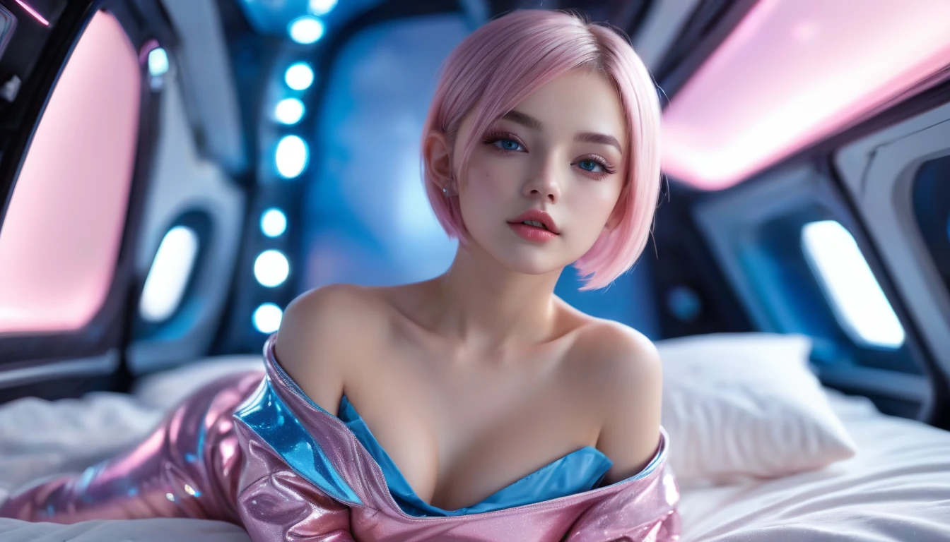 Highest quality, masterpiece, High resolution, 8k, ((Cute girl wearing shiny light pink and blue oversized crop top, small and taut breasts, Highly detailed face, Beautiful attention to detail, Beautiful lip detail, Pixie side shaved hair, Small hips, In the spaceship, On the bed, whole body))