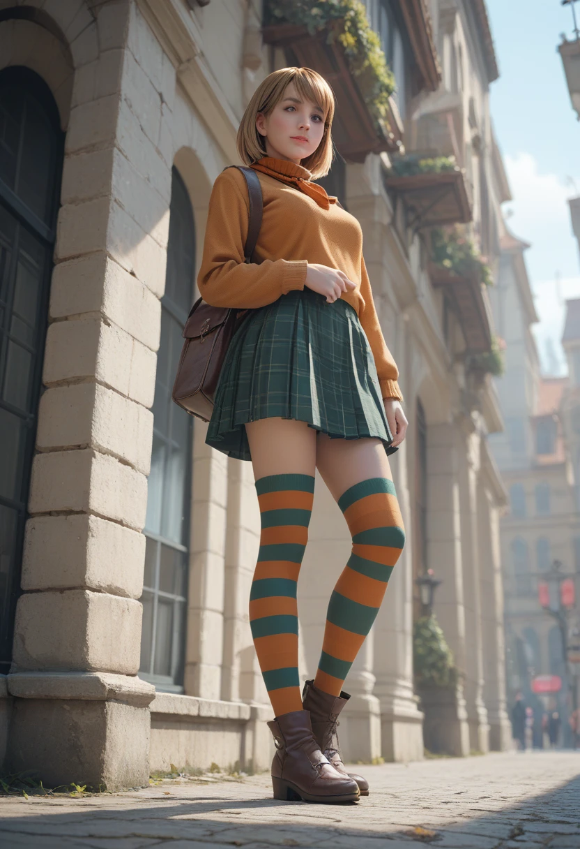 score_9, score_8_up, score_7_up, 1girl,Ashley Graham, solo, full body,from below,suit, striped thighhighs,gwentstyle