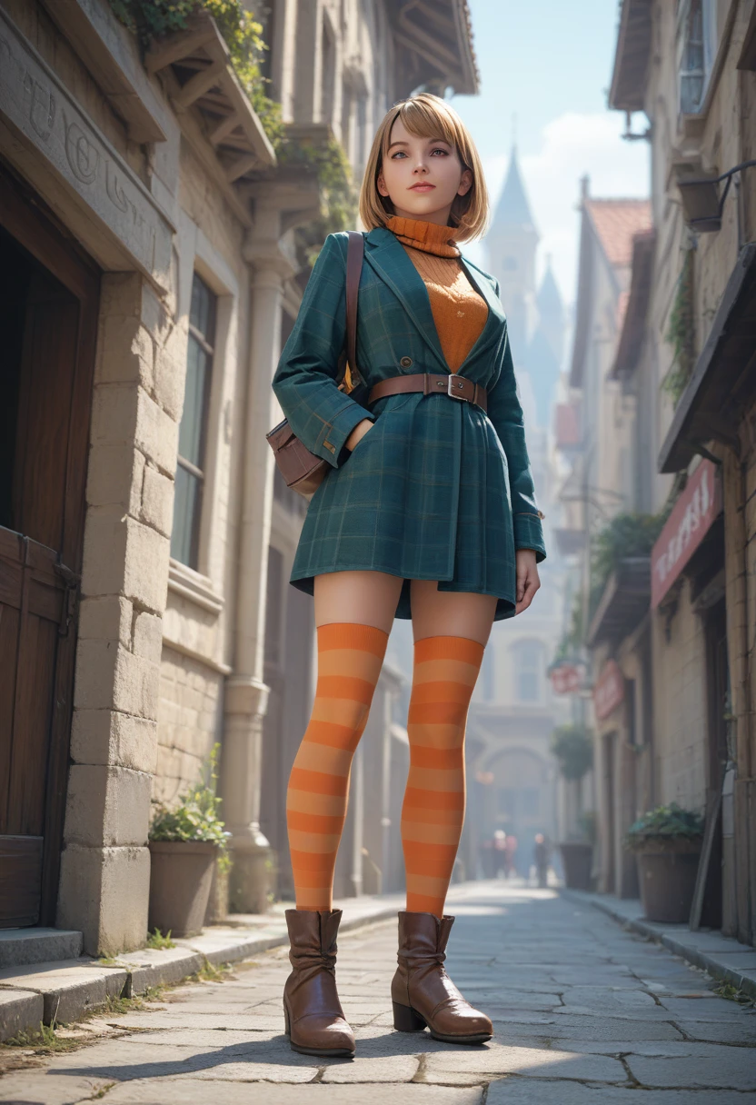 score_9, score_8_up, score_7_up, 1girl,Ashley Graham, solo, full body,from below,suit, striped thighhighs,gwentstyle