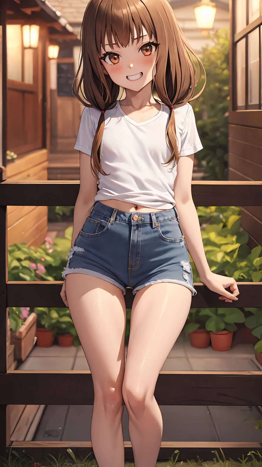 [iino miko, brown eyes, brown hair, low twintails, ((white shirt))], 1girl, anime girl, anime, girl, 2d girl, 16y, (fullbody), grin, blush, Solo, Slim, small breasts, flat chest, sfw, cowboy shot, Tight Shorts, low waist shorts, upshorts, outdoors, night background, looking at viewer, darker shadows, (((shorts))), (((thigh gap))), (((lowleg shorts))),