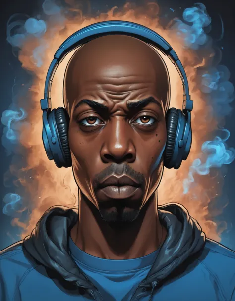 breathtaking vector cartoon illustration of shawt a black man ,wearing headphones, in a room full of smoke ,anastomosing, electr...