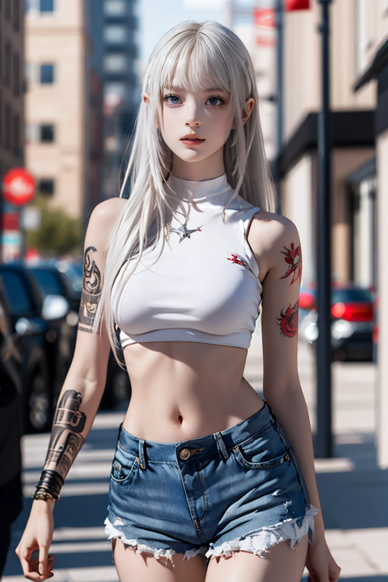 Beautiful college girl in the city，masterpiece，light makeup，Red lips，Silver Hair，Disheveled long hair，Street background，Grace，Grace。超微細ディテールのmasterpiece，Authentic texture，Realism in film lighting，Perfect piece，8k，khd，Delicate facial features，White skinny turtleneck top，white skinny shorts，Slim figure，Big bright eyes，Smooth Skin，Ear discharge，Choker Necklace,(((He has many tattoos all over his body)), (((Tight waist))), ((Big Breasts)),(See through)，panties,(NSFW:0.8)