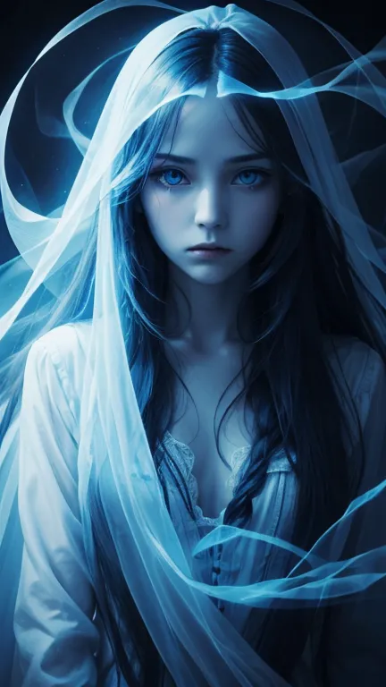 ghostly presence, transparent, blue and white, spirit of fear, long hair, empty eyes, gothic background.