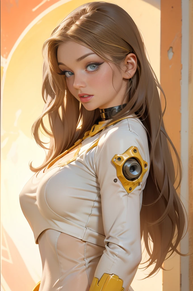 high quality, 4k, masterpiece, beautiful, Rita Faltoyano, cowboy shot, dull eyes, front, looking at viewer, long blonde hair, girl, huge breasts, fit thighs, robotic arms, robotic body, cyborg body, yellow & white uniform, orange accent, intricate detail, joint, detailed lines, robotic detail, holding fist up, holding hand up as fist, color robotic parts, robotic parts with color, perfect fingers, night at the top of building background