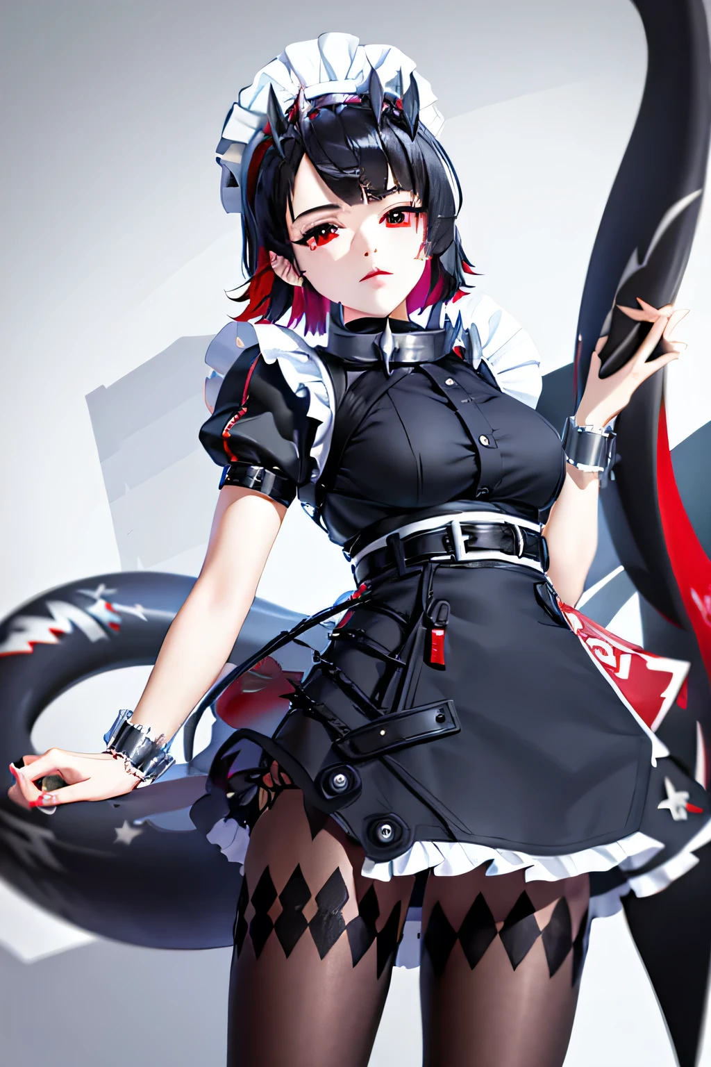 ellen joe, black hair, colored inner hair, multicolored hair, (red eyes:1.3), red hair, short hair, two-tone hair,
apron, black pantyhose, black shirt, black skirt, ear piercing, fins, fish tail, maid, maid apron, maid headdress, pantyhose, piercing, puffy short sleeves, puffy sleeves, shark girl, shark tail, shirt, short sleeves, skirt, tail, two-tone hair, wrist cuffs,