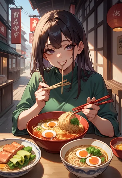 (highest quality),woman slurping ramen,eat with chopsticks