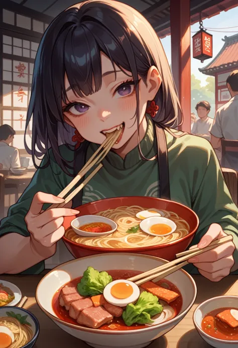 (highest quality),woman slurping ramen,eat with chopsticks