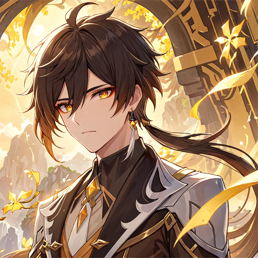 (best quality,4k,8k,highres,masterpiece:1.2),1boy, zhongli_/(archon/)_/(genshin_impact/),male focus,intricately detailed,realistic:.4,intense gold eyes,mature_male, narrow_waist,full body, by carnelian, cel shading, fantasy china background, liyue, mountains,look up at viewer, osmanthus flowers,male focus,solo,long hair,bangs,jewelry,earrings,ponytail,contemplative, thoughtful, calm, serene, red eyeliner, highly detailed eyes, volumetric lighting, sunset, golden illumination, wise and kind god,cinematic lighting, ray tracing, UHD, high details, high quality, award winning, super detail,vivid fantasy painting,hd color,seductive eyes,sexy eyes,narrowed eyes,lowered lashes,handsome man,small iris,honkai star rail character,godly,hot asian man,asian eyes,red eyeliner,blade from honkai,kissing venti_\(genshin_impact\)