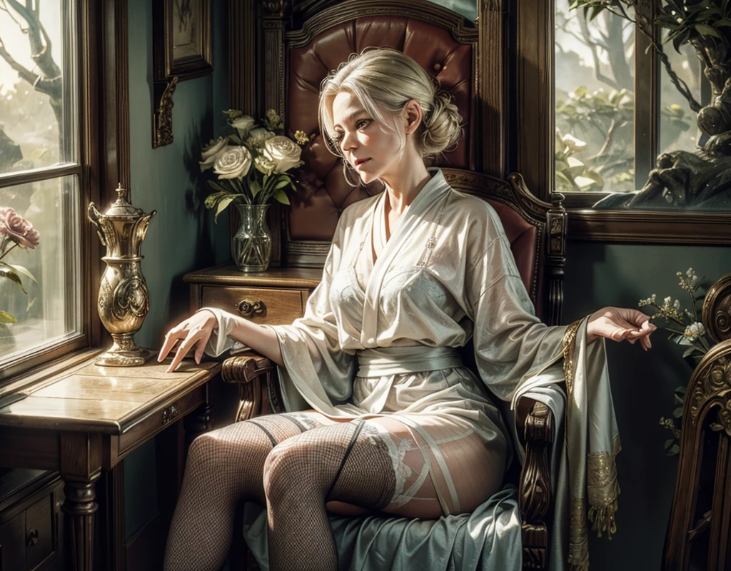 In the soft glow of the afternoon, inside a carriage compartment, an elderly woman sits with a dignified poise in an old armchair. The background is a blur of blooming flowers seen through the window, as if nature itself is trying to peek into her private world. Dressed in a luxurious silk robe that flows elegantly around her, its smooth texture contrasts with the lines etched by time on her skin. Her hair, now a pure white, is neatly combed, framing her weathered face, where every wrinkle tells a story of years lived fully. Despite the signs of age, there is a quiet dignity and a sense of peace about her, as if she has embraced the beauty of her twilight years. wearing pantyhose and garter stockings and fishnet pantyhose