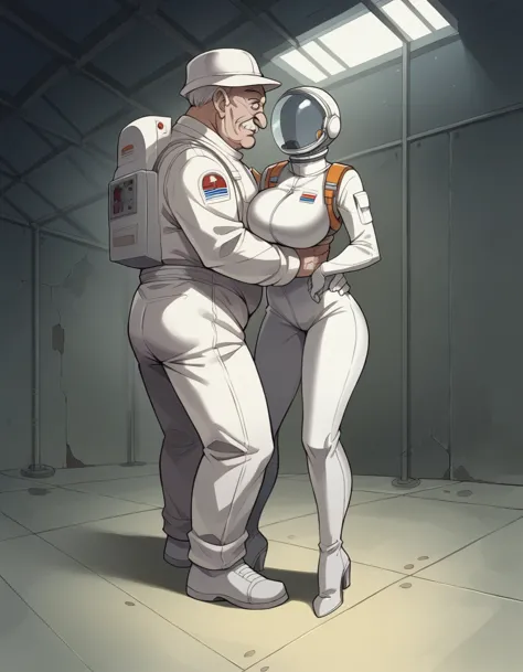 masterpiece, best quality, masterpiece, best quality, 1 woman, astronaut suit , wear a hat , big breasts , abdomen , long legs ,...