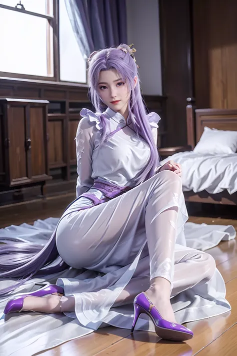 chinese purple cheongsam，long legs，in the bedroom，full-body shot，wearing purple high heels，a little water on the body