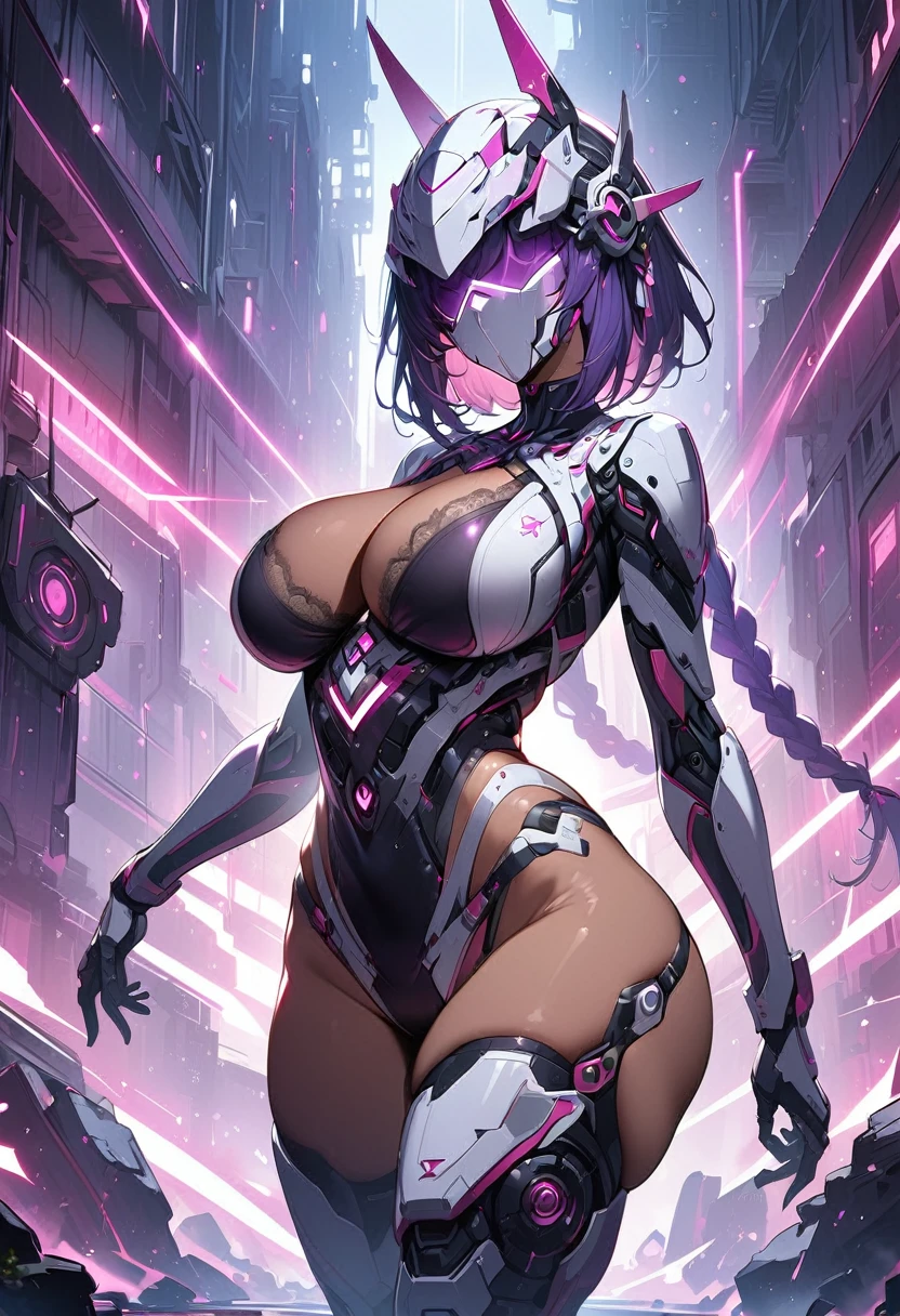 ((masterpiece,High resolution,Highest quality,8k))
(Female Robot,60% mechanical body,mechanical body,White mechanical helmet,Helmet Blindfold,Detailed lips)
(Brown skin,Dark Skin,Narrow waist,Super big breasts,Purple hair short,Square braid)Grin
(Black and purple coloring)