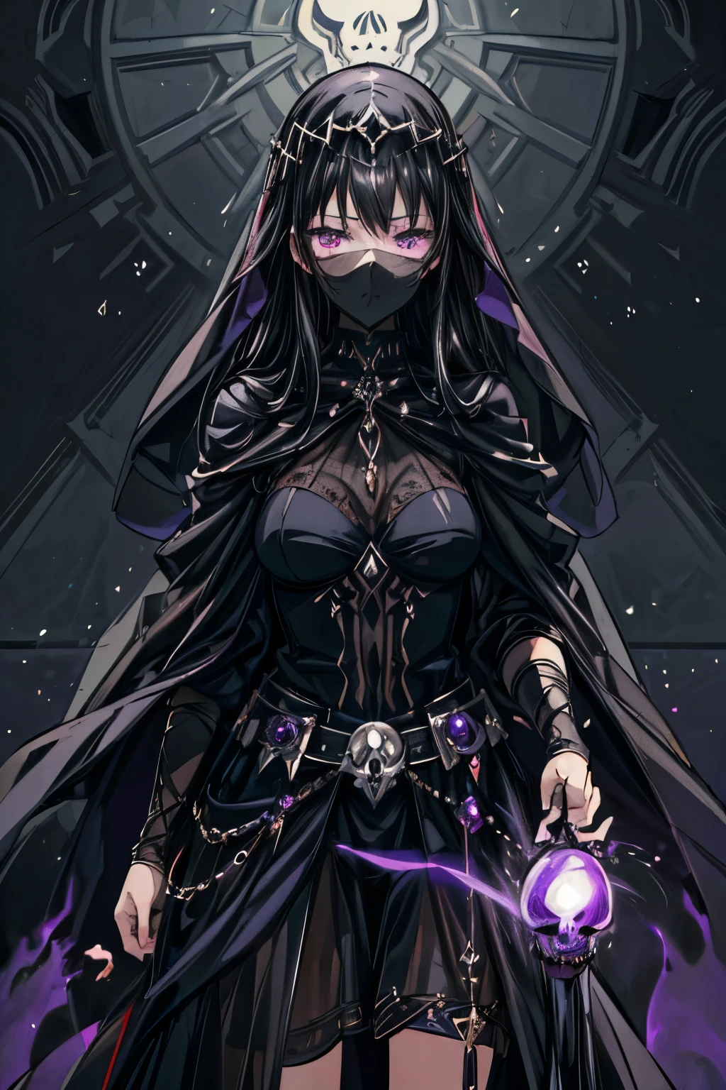 1girl, (masterpiece, best quality, ultra-detailed, realistic, photorealistic:1.37), expressive eyes, perfect face, long black hair, purple eyes, glowing eyes, (anime, dark fantasy), black veil, death magic, holding a black skull, ethereal aura, moody lighting, dramatic shadows, cinematic composition, crypt,  