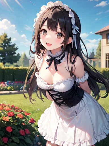 Highest quality、Leaning forward,Place your arms behind your back、 [3D Images:1.15]、garden、全体的にLong Hair、1 girl, smile, bird, Long Hair, Black Hair、breasts large enough to be torn apart,、Bright Eyes、Open the chest、goth style、Gothic Lolita Clothing、Cute skirt、skirt, white skirt、Absolute reference to the center、Leaning forward、Browsing Caution、Put your chest together