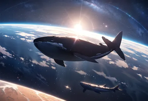 ((Masterpiece, top quality, high resolution)), ((highly detailed CG unified 8K wallpaper)), A huge whale is swimming in space, t...