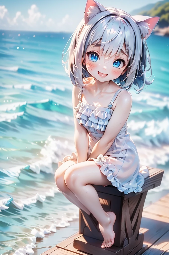 (((best quality)), ((masterpiece)), (details), masterpiece, best quality, high quality, ulutra detailed, perfect face, ((1girl, Blue eyes, cat ears: 1.3 silver bob hair: 2.5,)) 、Shiny Hair、Glowing Skin、blush、Lustful look、Side Angle、Ocean岸、Ocean、evening、Sitting on the shore、Put your face on your knees、View here、One-piece swimsuit with frills、barefoot、smile