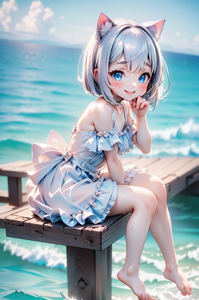 (((best quality)), ((masterpiece)), (details), masterpiece, best quality, high quality, ulutra detailed, perfect face, ((1girl, Blue eyes, cat ears: 1.3 silver bob hair: 2.5,)) 、Shiny Hair、Glowing Skin、blush、Lustful look、Side Angle、Ocean岸、Ocean、evening、Sitting on the shore、Put your face on your knees、View here、One-piece swimsuit with frills、barefoot、smile