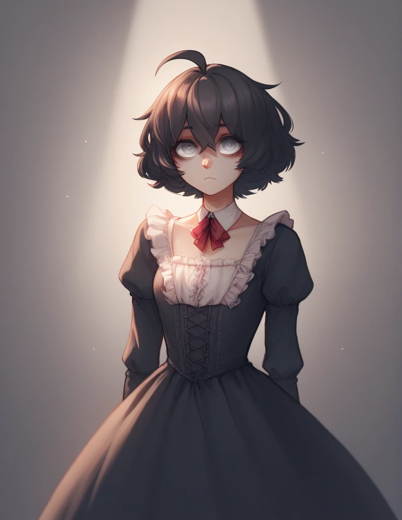 1 girl, alone, ppka, black fur, short hair, messy fur, Ahoge, parts, parts por todo el cuerpo, grey eyes, blind eyes, kind eyes, address would be, sexy look,, looking at the viewer, 
Beautiful peach color, victorian style dress, 
posing, a little cold environment, 