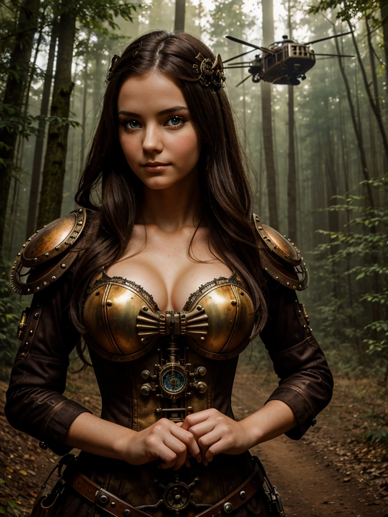 a beautiful steampunk girl standing with a steampunk flying machine behind her,forest clearing,realistic,perfect body,perfect eyes,perfect hands,looking at camera,early morning