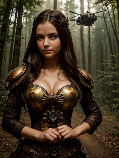 a beautiful steampunk girl standing with a steampunk flying machine behind her,forest clearing,realistic,perfect body,perfect ey...