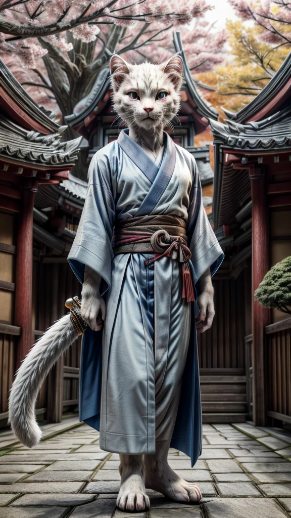 (((8k))), (((High resolution))),((Highest quality)),A white kitten wearing a kimono,Bipedal,upright,Short,3 heads,Serious face,samurai,Holding a long sword with both hands,Shrine garden,SakuraFubuki,Ultra-realistic,8k,Ultra-fine,Super detailed