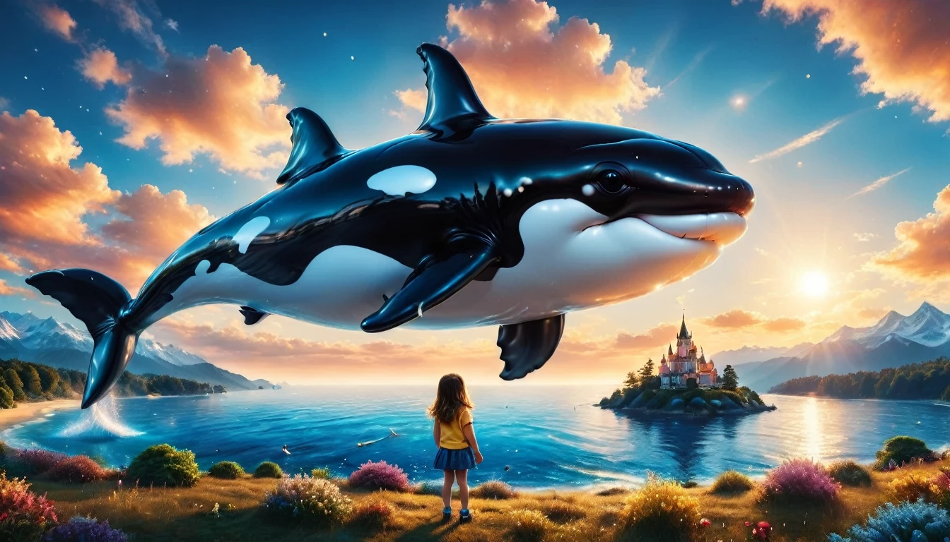 una pintura digital de un globo en forma de orca sostenida por una linda niña de jardín de infantes, alto contraste, (obra maestra:1.5), de la máxima calidad, Mejor estetica), arte de fantasía 16k, mejores detalles, mejor calidad, alta resolución, (Ultra gran angular: 1.2), 16k, [ultra detallado], obra maestra, mejor calidad, (extremadamente detallado), cielo mágico, pintura digital, globoz